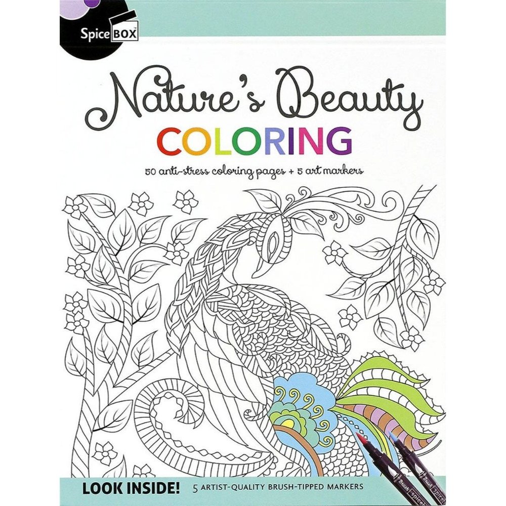 Spicebox Natures Beauty Coloring 50 Anti Stress Coloring Pages 5 Artmarkers NEW